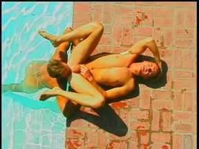 Bottom gets his tight ass fucked hard next to poolside