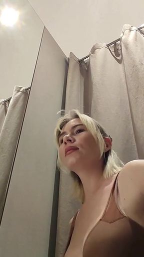 Horny Big-Titted Blonde Slut Flashes Her Wet Pussy, Miniskirt No Undies in Curtain Fitting Room, Public Caught Risk&hellip;   Clip 1