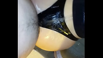 Me fucking my wife&#039_s big wet ass in latex strings in shower