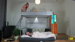 Daddy creeps up on cheating girlfriend while boyfriend wakes up