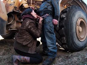 Country babe is sucking a worker's dick