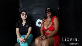 MILF with huge tits and a big ass in her first glory hole