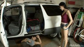 Lusty flexible brunette Monica Austin impaled in the sideways pose