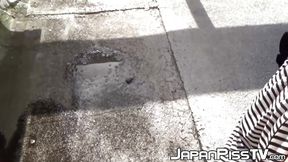 Redhead Japanese beauty alone outside &mdash;  exploring her body