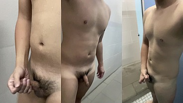 Thrilling, multiple cum shot in public shower room