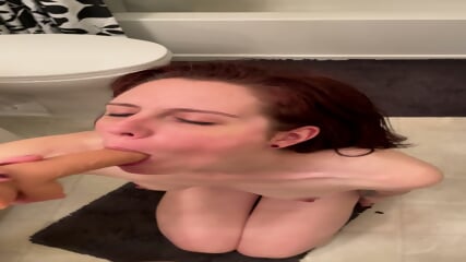 Slut deepthroating while her face gets covered in cum.