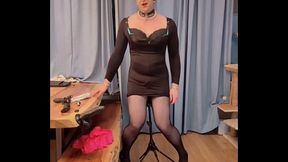 Sissy riding dildo with fake pussy on a tripod