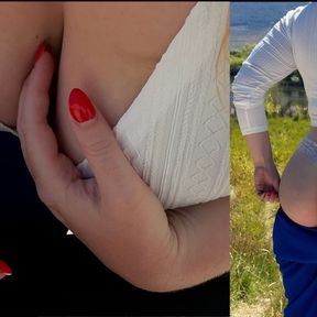 Public and risky, sloppy handjob on a bench during hiking