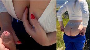 Public and risky, sloppy handjob on a bench during hiking