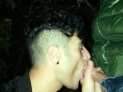 Twink sucks , swallows and jerks off in a car park throught rainy evening