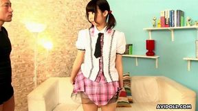 Japanese girl Akina Sakura with two men to take care of her shaved pussy uncensored