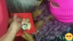 Horny married milf sucked our two cocks and asked for our cum on her food.