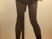 Fuchsia Doll in nylon bodysuit, leather miniskirt, show ass
