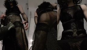 Femboy gets in a tight black dress no panties slut show