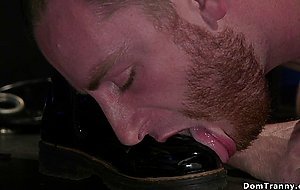 Big cock TS in latex fucks bound man