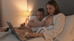 Step Mom Helps To Cum Step Son In Share Bed With Hand Job And Shaved Pussy, But Cant - Kiss Cat And Inked Girl