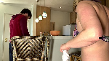 Stepmom in the kitchen takes stepson's dick after he takes the wrong - Erin Electra
