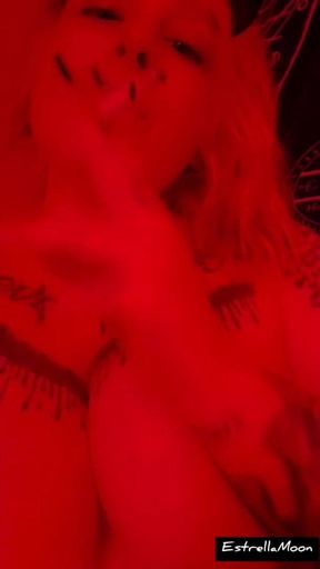 Demon Girl Smokes a Cigarette While Playing with Her Tits