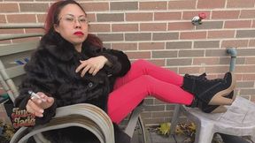 Pinay in winter Smoking an all white cigarette in vintage fur jacket red pants and boots vol 123 Non Nude smoking