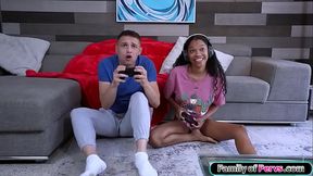 Ebony teen GF beats step-cousin in game and eats his cock