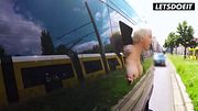 Tattooed Blonde Fucked in a Moving Van... Tits Out the Open Window