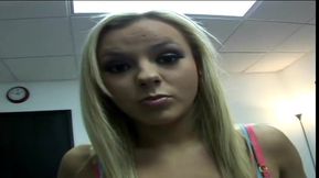 Slutty blonde wraps her lips around hard cock sucking it gently