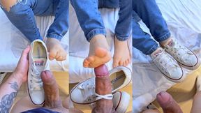 Teasing him with my dirty white converse and getting cum all over them!