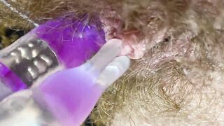 Bunny dildo test masturbation pov closeup erected huge clitoris soak orgasm unshaved cunt