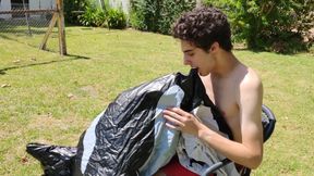 Beautiful Man Inflates His Inflatable Whale Near Pool Outside