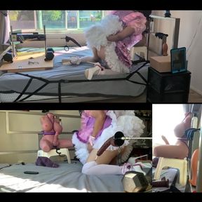 Pink Satin Sissy Maid Gets Fucked by Her Fucking Machine and Plays with Her Sex Toy Doll