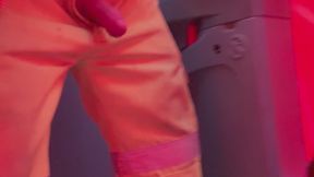 Muscle Stud Tradie Emptying His Bladder from Big Cock in Site Portaloo with Huge Golden Piss