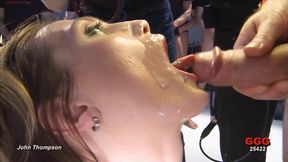 Brunette Slut Gets Her Face Drenched in Cum During Gangbang