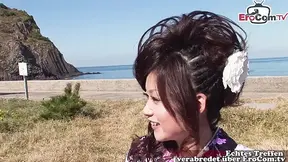 Skinny Asian girl in traditional outfit takes erect hammer