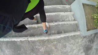 Walking wearing gray woman leggings