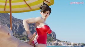 Swimsuit-clad Tracer goes rogue, unleashing unbridled fury on her massive, glowing rod.