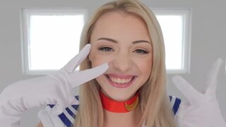 A petite blonde is cosplaying and then gets roughed up