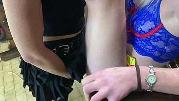 Hot girls fucking with strapless dildo while we jerk off