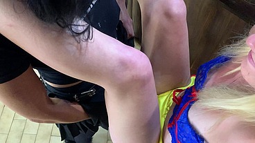 Hot girls fucking with strapless dildo while we jerk off