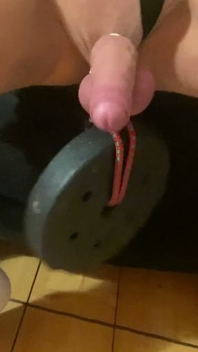 Hanging Heavy Weights on my Sissy Cock &amp; Balls - Torture cbt Jerking off my Big Cock with them on   Clip 1