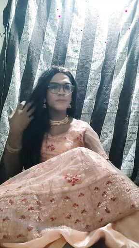 Desi Indian shemale Cumming in traditional lehanga and eating her own cum