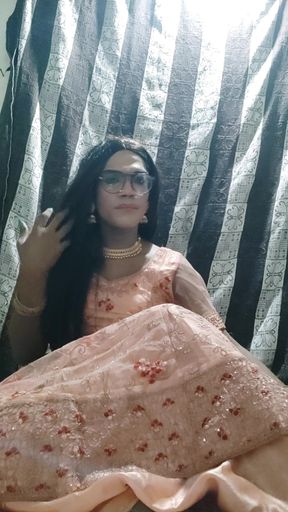 Desi Indian shemale Cumming in traditional lehanga and eating her own cum
