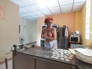 A in nature's garb housewife is preparing dinner in the kitchen. The immoral whimsical housekeeper Brassiere 1