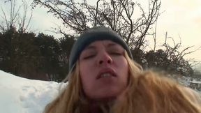 Blonde slut wearing fisnet stockings getting banged in snow outdoors