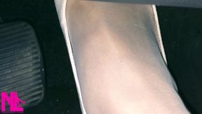 Revving and Crazy Pedal Pumping in White Stockings and White High Peeptoed Heeled Sandals