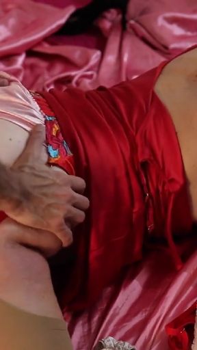 Key moment from &quot;2253 (01) - Amateur Slut, Fuck In Red Satin Maxi Dress, Lingerie, Rimming, Blowjob, Fuck&quot;
