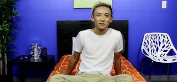 After an interview an Asian twink striptease off her c