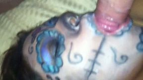 Kinky hot brunette GF of my buddy with weird makeup sucked his cock