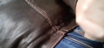 Edge and Cum on New Brown Leather Jacket