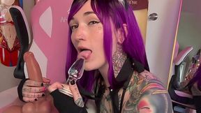 Purple haired teen jerks a rubber dick and sucks her butt plug JOI