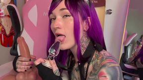 Purple haired teen jerks a rubber dick and sucks her butt plug JOI